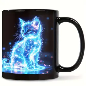 1pc Glowing Neon Blue Cat Ceramic Mug Cup, Electric Blue Kitten & Glowing Stars Design, Microwave-Safe, Dishwasher-Safe, BPA-Free Reusable Washable Night Light Drinkware, Perfect Gift for Cat Lovers (Home, Office Use)