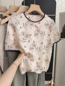 1 piece, French Retro Loose Round Neck Short Sleeve Contrast Trim Beige Women's Multicolor Contrast Floral Print Spring and Summer Knitted Top, Summer Top, Summer Casual Wear, Casual Top, Knitted Pullover