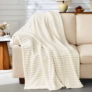EMONIA White Fleece Throw Blanket for Couch, 320GSM Super Soft Cozy Blankets and Throws, Decorative Fleece Blankets for Women Men Gifts, Throws with Stripes for Sofa Bed Decor, 50''x60''