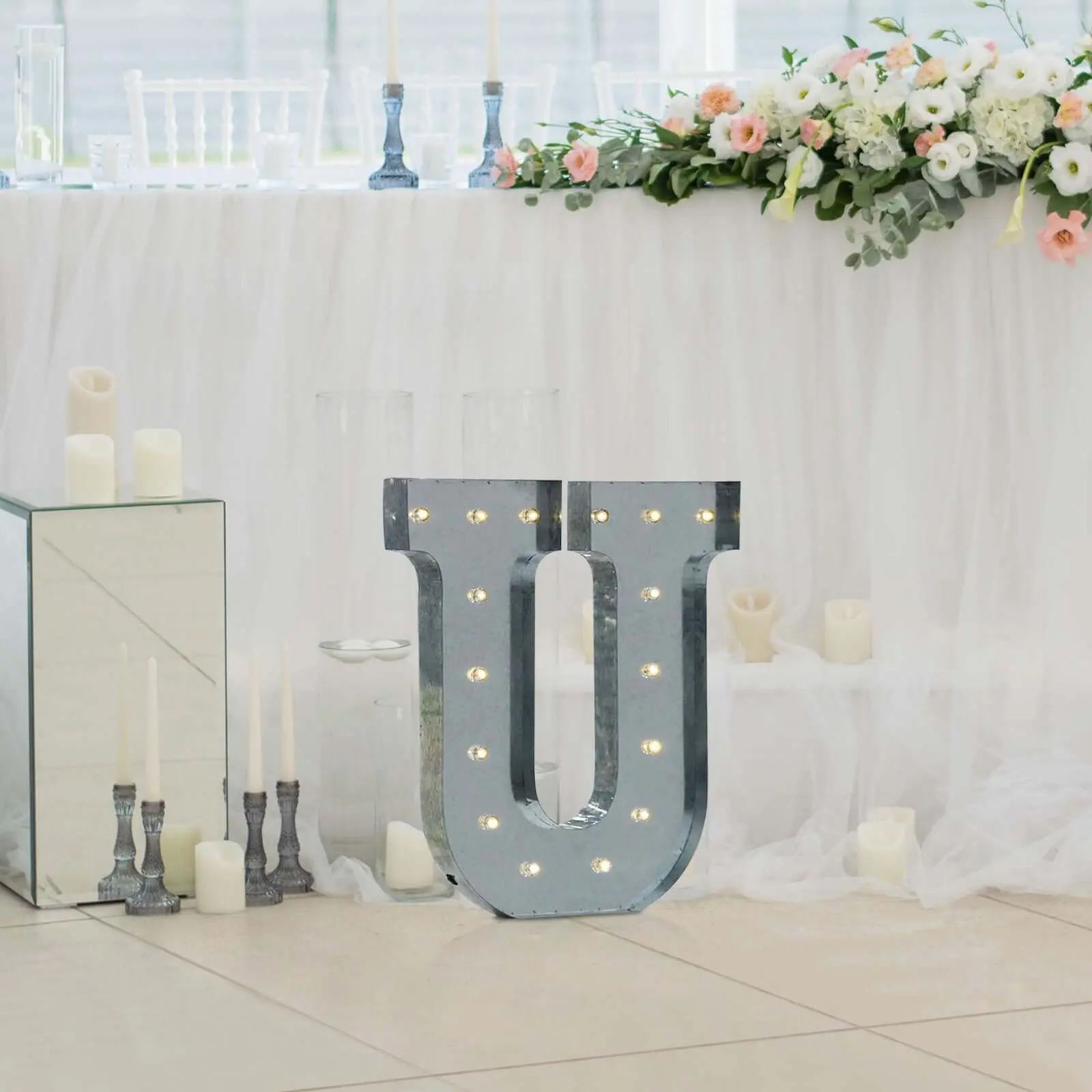 Vintage Galvanized Metal Marquee "U" Letter Light, Cordless 20" Decor with 16 Warm White LEDs for Ambient Lighting, Outdoor Lighting, Bridal Showers, Anniversaries