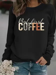Women's Casual Fitted Coffee Print Pullover Sweater, Soft Long Sleeve Round Neck Crewneck Sweatshirt, All-Season Comfortable Everyday Wear, Tops