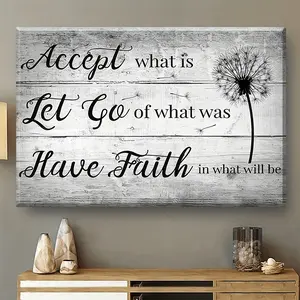 1-Piece 2D Flat Wooden Framed Black-and-White Country Dandelion Canvas Wall Art Print with Inspirational Quote, Farmhouse Vintage Wood Artwork, Ready-to-Hang Home Decor Decoration for Living Room, Bedroom, One-Piece