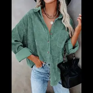 Women's Plain Pocket Button Front Corduroy Shirt, Going Out Tops, Casual Drop Shoulder Long Sleeve Blouse Top for Spring & Fall, Clothes for Women, Ladies Clothes for Daily Wear, Tops for Women
