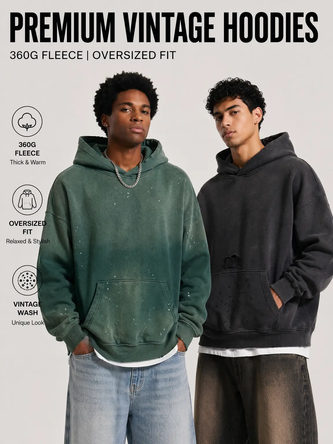 Vintage Washed Oversized Hoodie for Men & Women, 360G Premium Fleece Pullover Hoodie, Heavy Cotton Drop Shoulder Sweatshirt, Relaxed Streetwear Hooded Sweatshirt