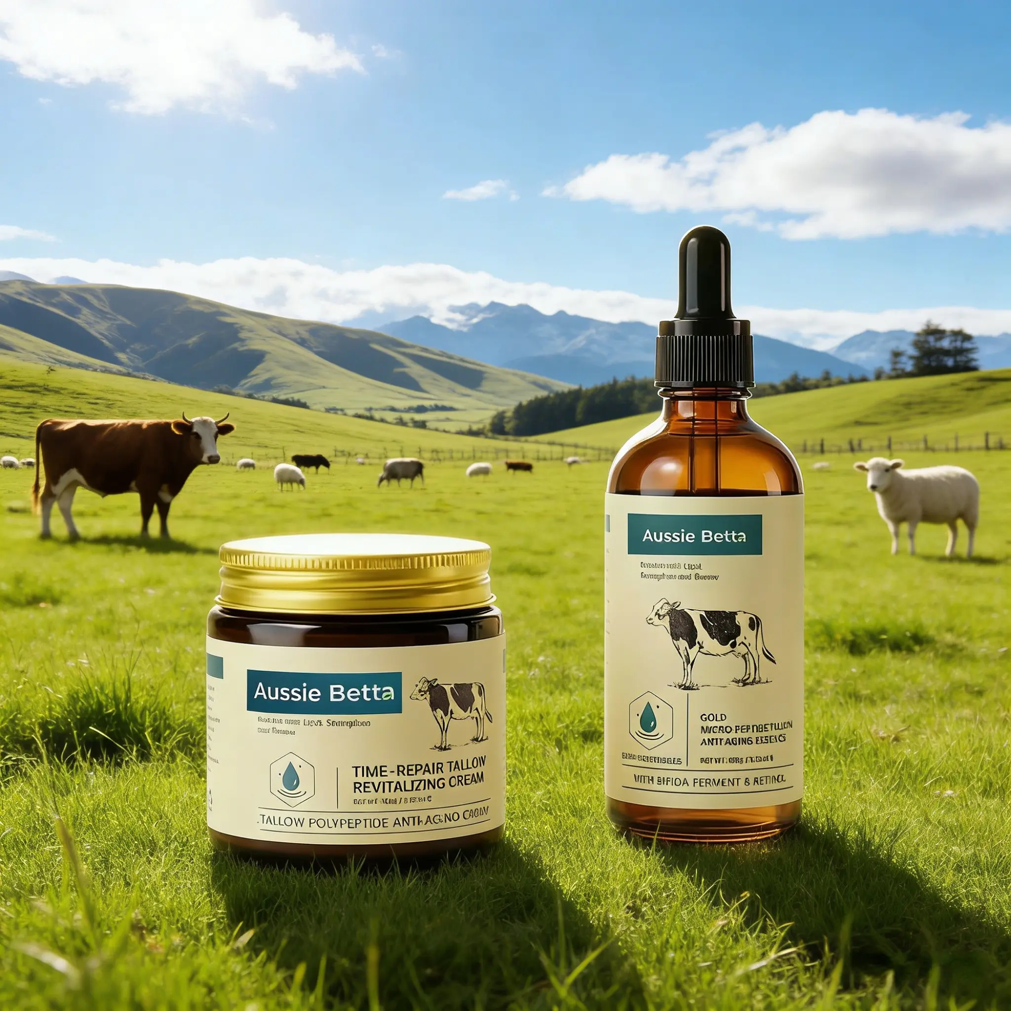 Aussie Betta Golden Micro-Peptide Tallow Serum & Time-Repair Tallow Cream Duo with Niacinamide, Bifida, Peptides & Shea Butter，for Deep Wrinkles & Dry Skin Intense Overnight  Moisturizer with Peptides & Shea Butter Soothes Sensitive & Mature Skin Nourishi