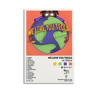 1 Lil Tecca We Love You Tecca album cover canvas wall art music poster with tracklist, vibrant earth design and colorful stripes - fan room decor gift, fan merchandise, playful illustration, high-quality print, 2D flat, perfect for room decor. posters