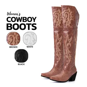 Cowboy Boots For Women Over The Knee Boot Pointed Toe Chunky Block High Heel Pull On Embroidered Cowgirl Western Boot Retro Tall Boots