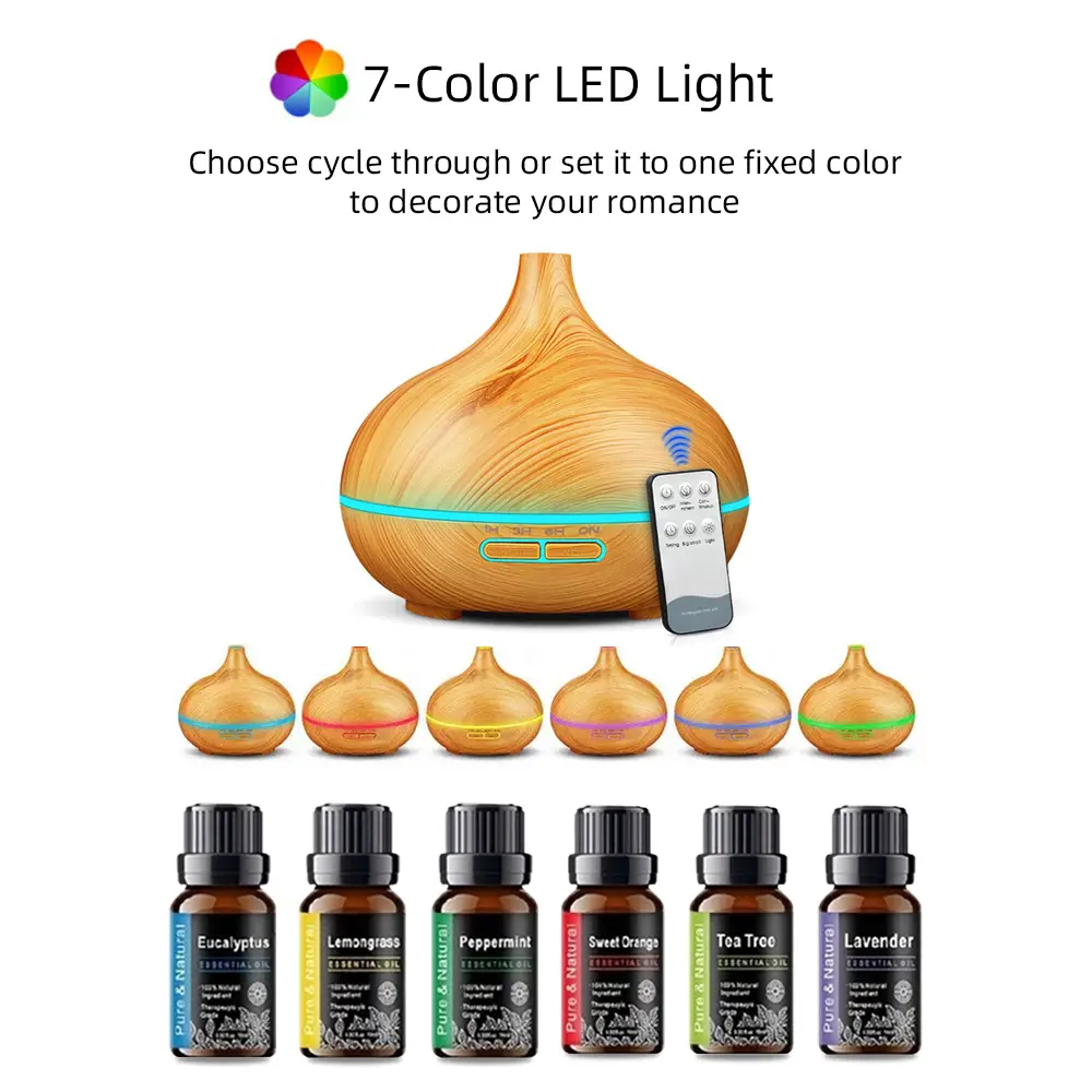 Wood Grain Aroma Diffuser Humidifier with Remote, Timer & 6 Oil Set, 550ml Waterless Fragrance Oil Diffuser, Essential Oil Aroma Diffuser for Home Hum