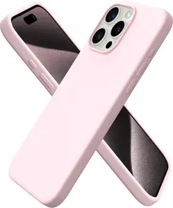 ORNARTO Compatible with iPhone 15 Pro Max Case 6.7", Slim Liquid Silicone 3 Layers Soft Gel Rubber Shockproof Protective Phone Case with Anti-Scratch Microfiber Lining-Chalk Pink