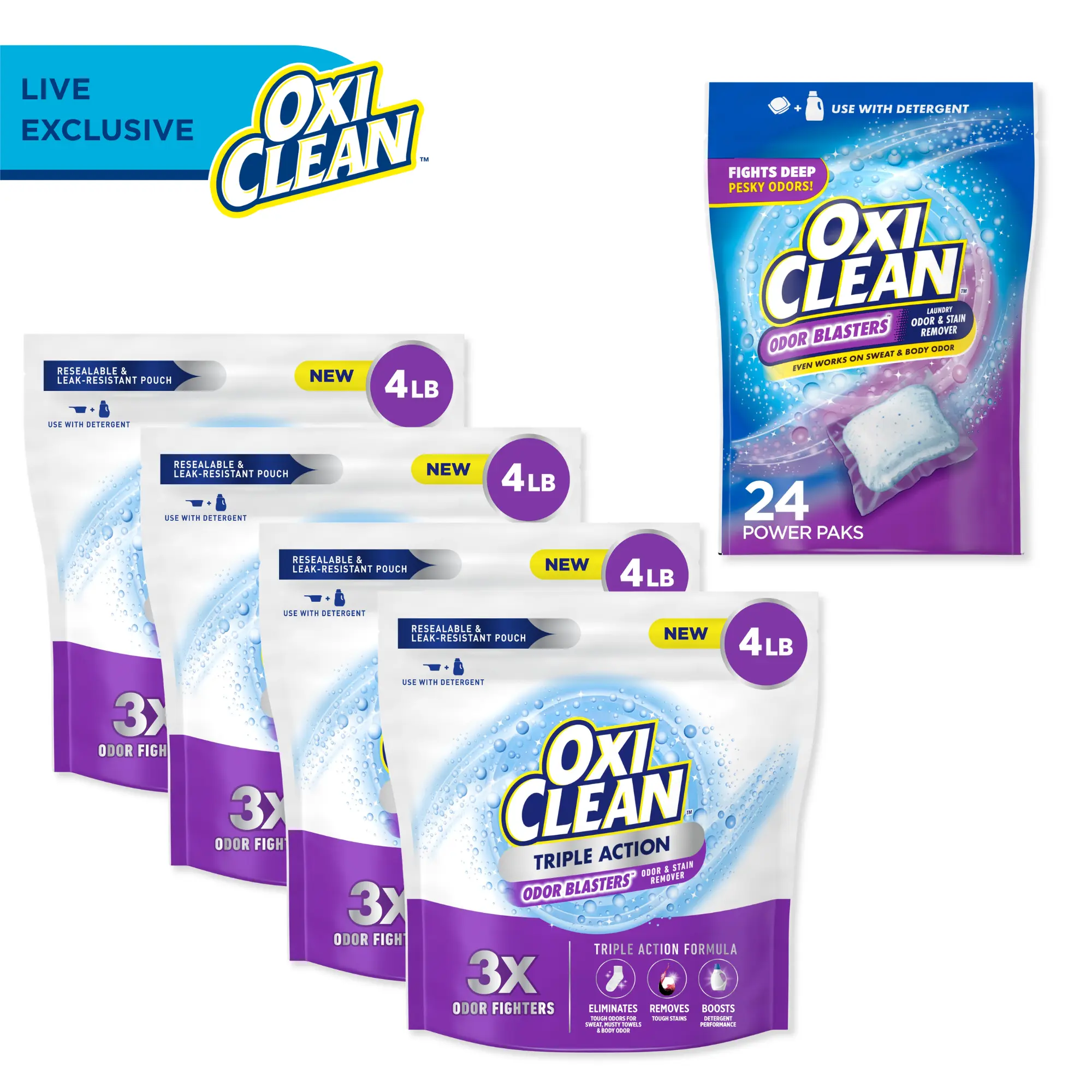 OxiClean LIVE Triple Action Odor Blasters Laundry Powder, 4lb + Odor Blasters Power Paks 24ct OxiClean LIVE Triple Action Odor Blasters Laundry Powder, 4lb + Odor Blasters Power Paks 24ct