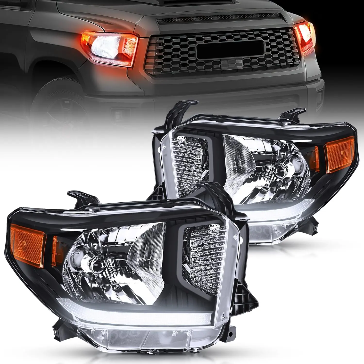 Nilight Headlight Assembly Compatible with 2014 2015 2016 2017 2018 2019 2020 2021 Toyota Tundra Black Housing Amber Reflector Clear Lens Headlamps Replacement, Anti-Fog, Ip65 Rated