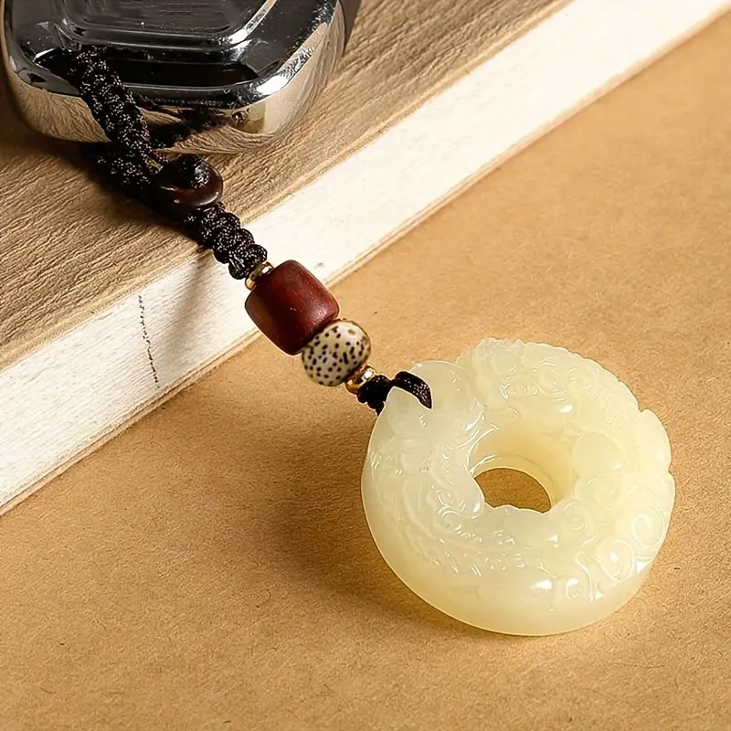 Chinese-Style Handmade Circular Pendant Automobile Keychain - Double-Sided Feng Shui Motif, Wealth-Attracting Amulet, Lucky Charm Handmade Gift, Collectibles, Sister Gift (Green/White/Obsidian Black)
