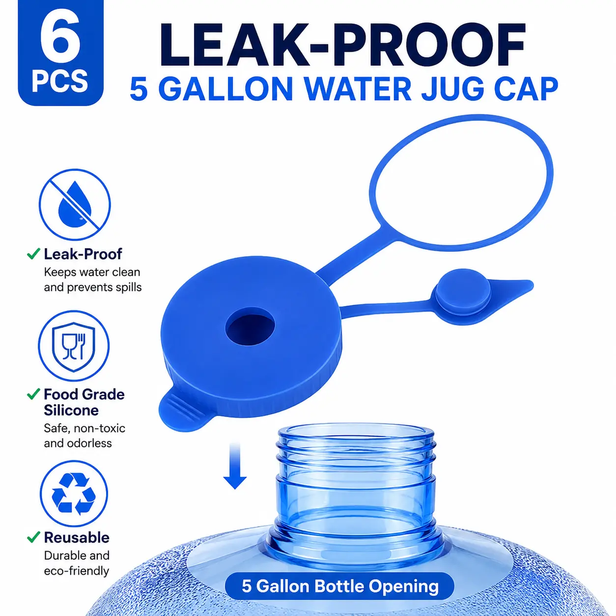 6PCS 5 Gallon Water Jug Caps, Leak Proof Silicone Replacement Lids, Reusable Water Bottle Caps for Water Dispensers