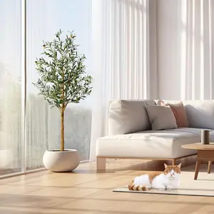5FT Artificial Olive Plant with Realistic Fruits, Silk Leaves, Adjustable Branches & Imitation Rubber Foliage, Decorative Potted Tree for Home Office, Indoor/Outdoor Garden Nursery Ornament Gift