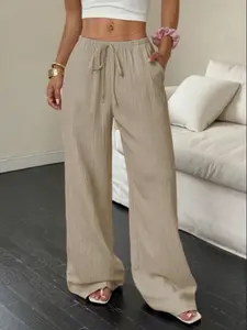 Summer Loose Fit Wide Leg Pants for Women, Casual Fashion Pants, High Waist Casual Trousers with Drape Effect, Korean Style Slimming Textured Fabric