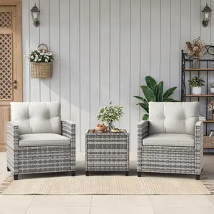 3-Piece Outdoor Wicker Bistro Set, PE Rattan Patio Conversation Set with 2 High Back Chairs & Tempered Glass Coffee Table, Washable Cushions for Deck, Porch, Balcony, Garden
