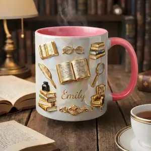 [Custom Name] Personalized Book Lover Mug, Custom Name Library Mug, Vintage Literary Coffee Cup, Bookish Aesthetic Mug for Readers, Gift for Bookworms 2D Print 3D Effect 2D print 3D Effect