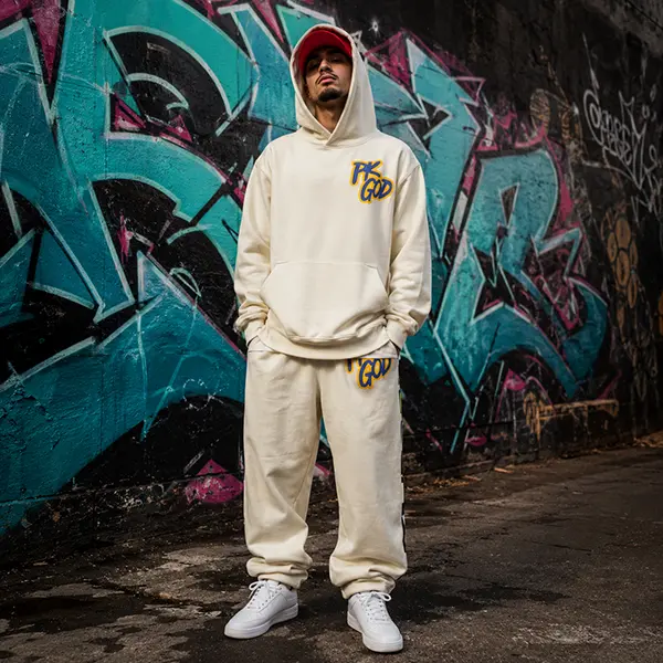 Men's Imported Cream Signature 2-Piece Hoodie Pants & Top Set