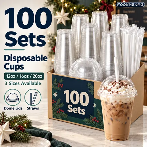 FOOKMEKAG 100 Sets - 12oz/16oz/20oz BPA-Free Non-Toxic Transparent Plastic Cups with Lids, Leak-Proof Decor-Ready Dome Disposable Containers for Iced Coffee, Birthday Parties,Perfect for Halloween and Christmas parties