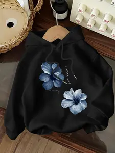 Blue Bellflower Floral Print Drawstring Hoodie, Comfortable and Fashionable, Casual Loose-Fitting Top for Fall & Winter, Daily Wear Womenswear, Casual Comfy Pullover, Casual Hooded Sweatshirt