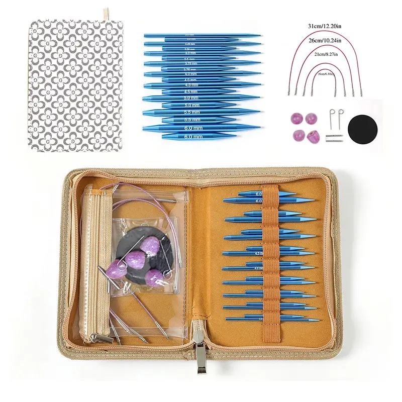 Set of 32 Knitting Tools, Detachable Circular Needles, Sweater Pins, Sleeves Pins 5cm + 8cm, Sizes 3.0mm-6.0mm, 9 Models, Replaceable Needles