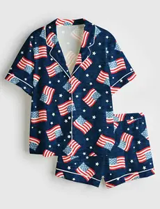 Fourth Of July Red White Blue USA Flag America Stars And Flags Pajama Set, USA Flag America 4th July Sleepwear PJs Gifts Her Team