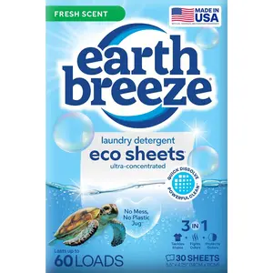 Earth Breeze Laundry Detergent Sheets Fresh Scent - 60 Loads Eco Liquidless Soap - Travel-Friendly for Hot & Cold Cycles, Tackles Tough Stains & Odors - Gentle on Skin, 30 Ct