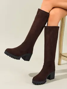 Women's brown suede knee - high platform boots, featuring chunky block heel, comfortable and stylish autumn/winter footwear, versatile casual boots, also suitable as retro - inspired fashion boots for daily wear, Winter Warm Boots
