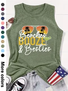 Fashionable Summer Beach Coconut Tree Print Round Neck Sleeveless Vest for Women, Comfortable Soft Fabric, Available in 12 Colors