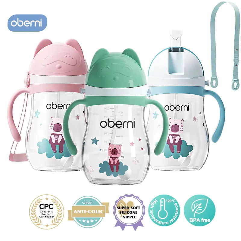 Oberni Sippy Cups, 270ml/9oz Leakproof and No Spill Water Bottle,with Weighted Straw , Non-Slip Handle for Toddler 1-3 Years BPA-Free PP Tritan Baby C