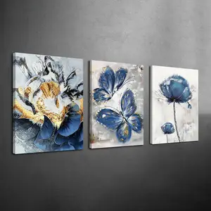 3Counts/Set Framed 2D Flat Blue Butterfly Flowers Canvas Poster, Vintage Floral Wall Art, Ready To Hang, Artwork Wall Painting For Gift, Wall Picture for Living Room, Bedroom, Office, Wall Decor, Modern Home Decoration, Home And Dormitory Decoration