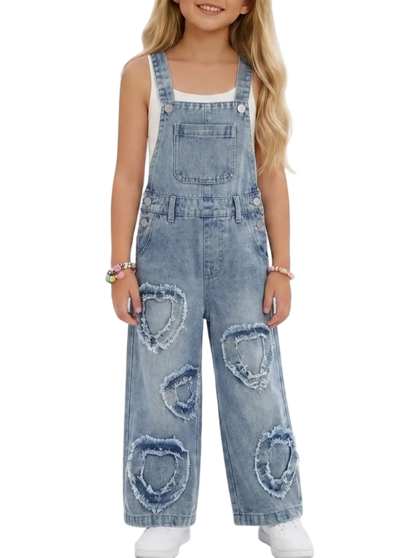 Girls' Y2K Cute Denim Overalls (3-14 Years) - Frayed Star Heart Patch, Wide Leg Jean Dungarees, Washed Casual Suspender Jumpsuit for Spring Fall Daily Outfits