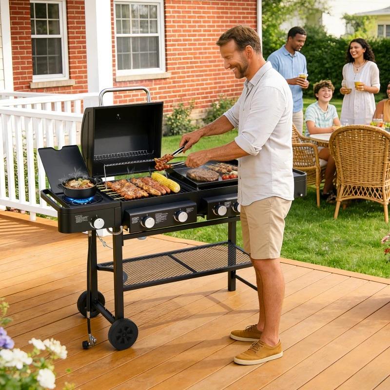 Overseas Stock All-in-One Propane Gas Grill with Grilling & Griddling Functions 745 Sq.Inch Cooking Space