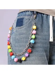 Men Women Trendy Hip Hop Waist Chain, European American Fashion Colorful Dice Pendant, Double Layer Metal Pant Chain, Versatile Daily Streetwear Accessory