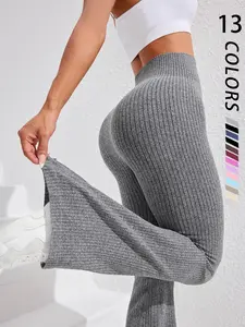 Women's Seamless Knitted Textured Yoga Flare Pants, High Waisted Butt Lifting Control, Sporty Casual Fashion, All Seasons Wear, Seamless Gym Workout Leggings