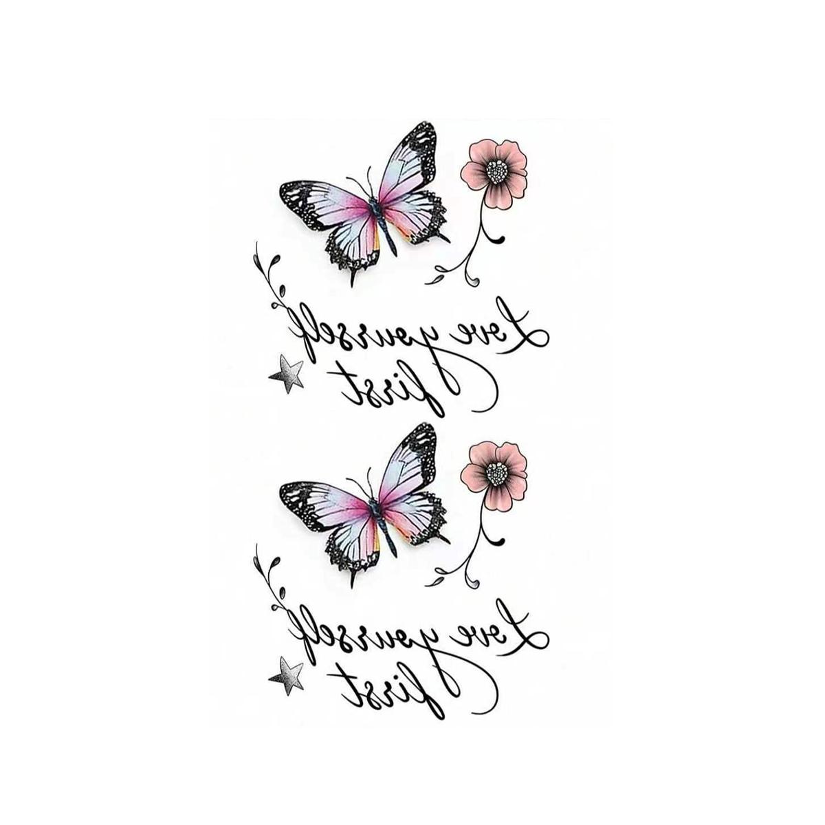Butterfly Floral Quote Series Temporary Tattoo Stickers - 2 Sheets Semi-Permanent Waterproof Realistic Fake Tattoos, Single Item for Women, All Skin Types Ideal for Swimming, Party, Beach