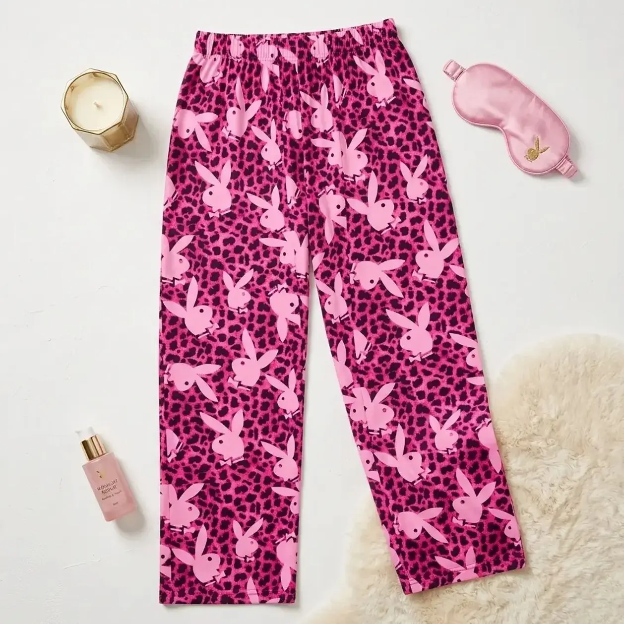Hot Pink Animal Print Pajama Pants – Cute Bunny Print Sleepwear Pants, Soft Cotton Cozy Lounge Bottoms, Comfortable Home Pajamas for Women