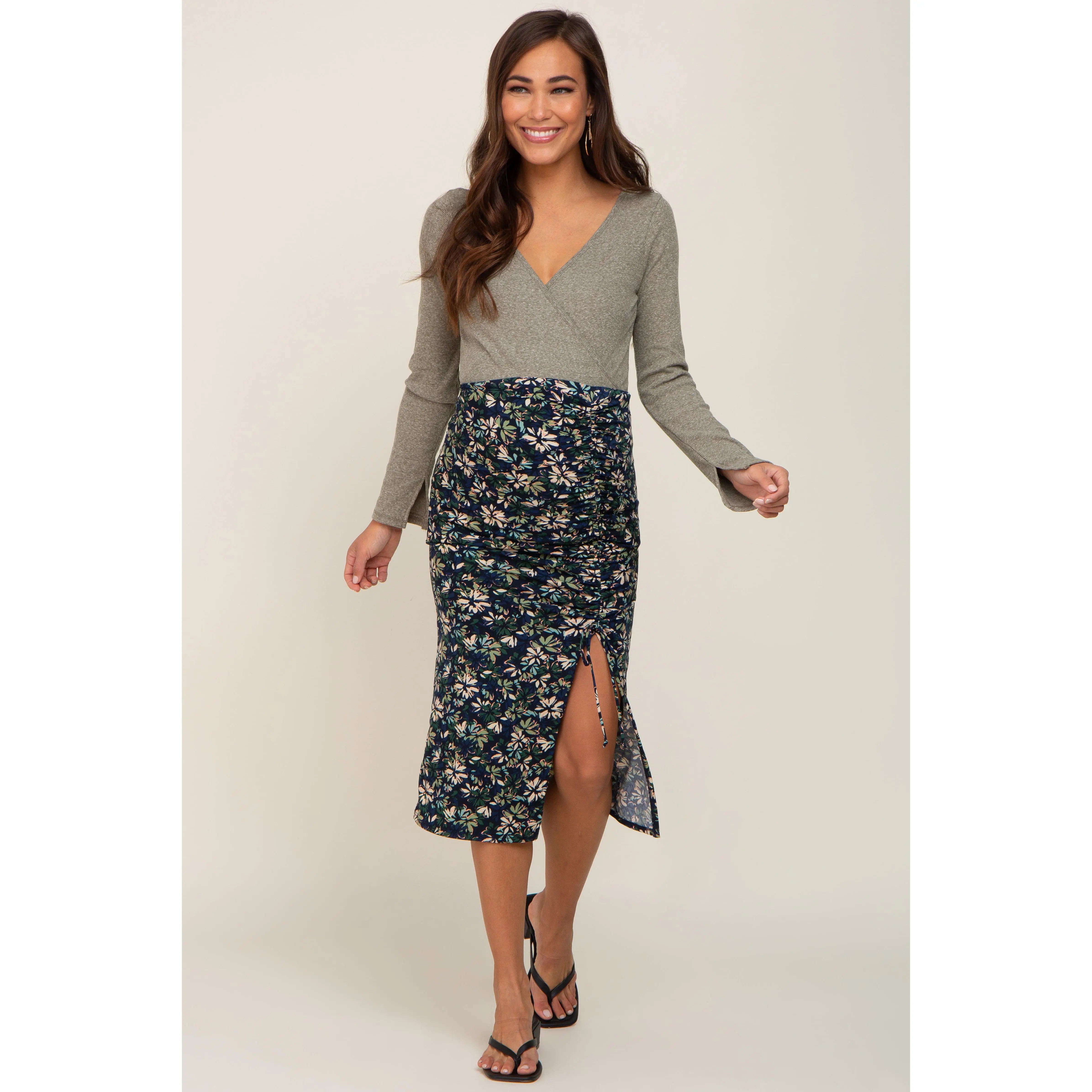 Navy Floral Ruched Slit Maternity Midi Skirt, Maternity Clothes, Pregnancy Clothes, Maternity Wear, Adjustable