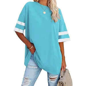 Imily Bela Womens Oversized Tees Loose T Shirts Half Sleeve Crew Neck Color Block Cotton Tunic Tops