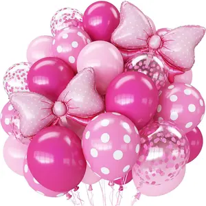 Pink Bow Balloons, 62Pcs 12Inch Hot Pink Bow Foil Balloons Set, Polka Dot and Confetti Latex Balloon for Girls Women Birthdays Shower Bridal Bachelorette Cartoon Theme Valentine Party Decoration