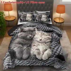 3-Piece Cat Print Bedding Set, Cute Cats Hugging Design, Soft Comfortable Home Decor (1 Quilt + 1/2 Pillowcases)