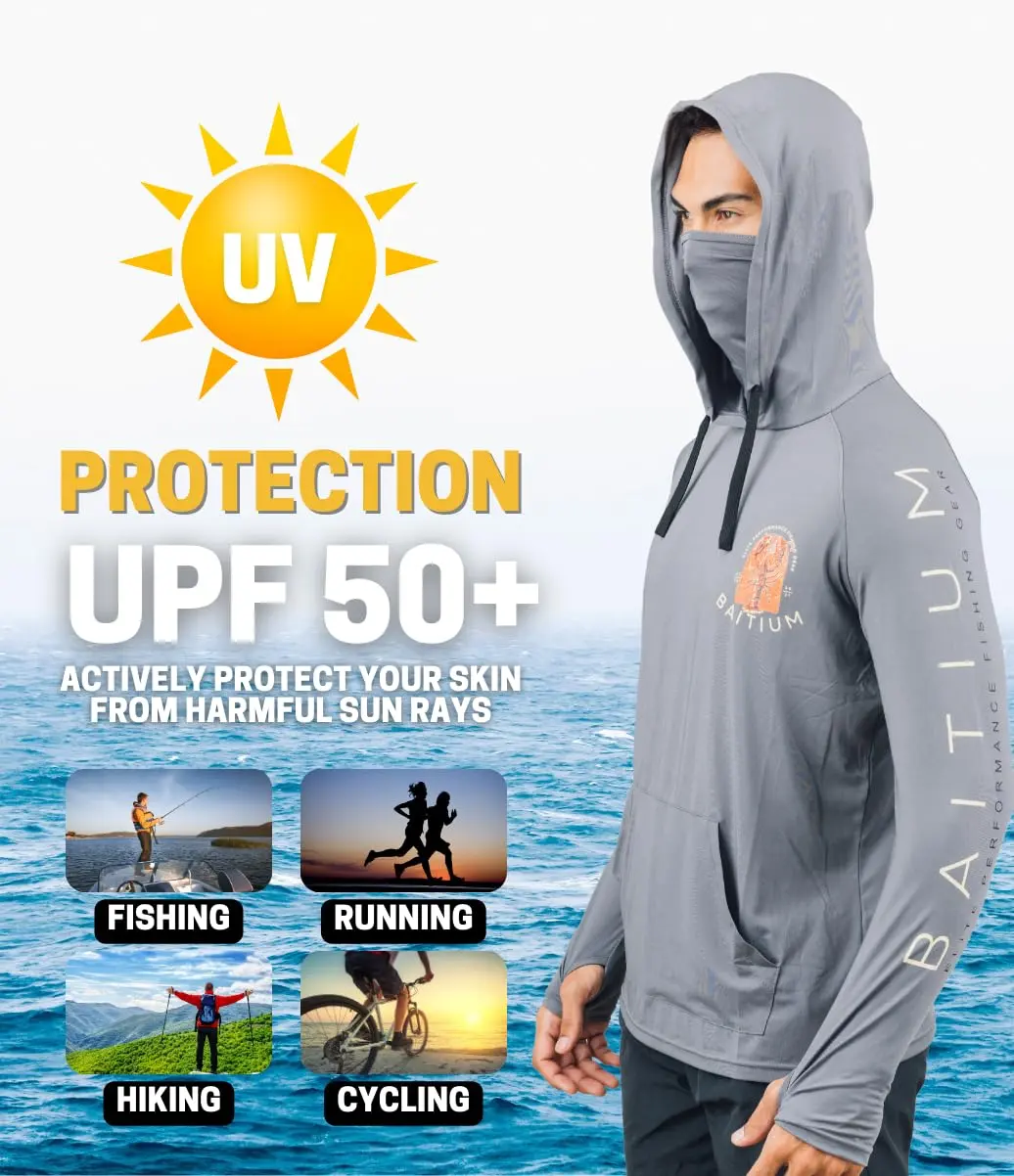 Baitium Fishing and Construction Shirts - Hooded UPF 50 Long Sleeve with Gaiter - Lightweight, Breathable, Moisture-Wicking, Premium Outdoor Wear for Men