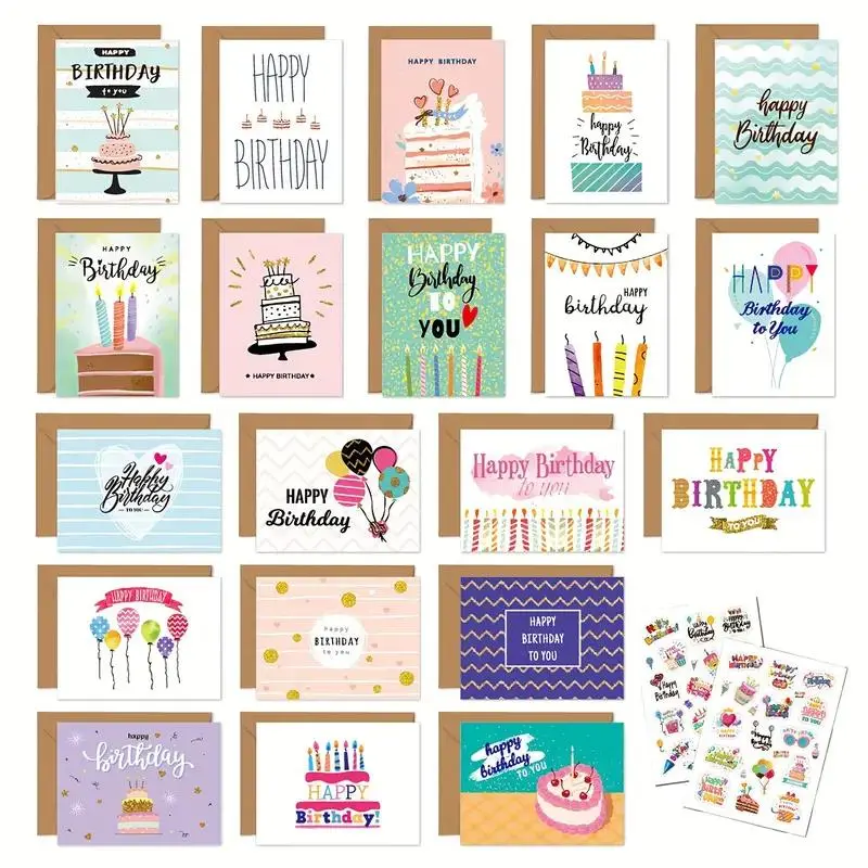Birthday Card Set, 1 Set Including 20 Mini Cartoon Pattern Birthday Cards & 20 Envelopes & 2 Stickers, Card with Envelope, DIY Message Card Set for Birthday Party, Birthday Greeting Cards, Fun Party Cards