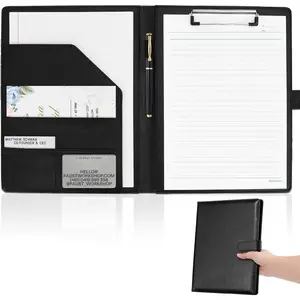 Professional Faux Leather Padfolio with Clipboard, Portfolio Folder Binder, Legal Pad Holder for A4 Letter Size Notepad, Ideal Organizer for Business Office Conference, Black