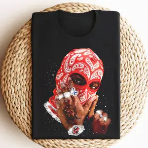 Vintage Red Ski Mask Graphic T-Shirt, Iced Out Streetwear Rap Portrait Design, Unisex Hip Hop Tee For Trap Music Lovers, Retro Urban Fashion Outfit