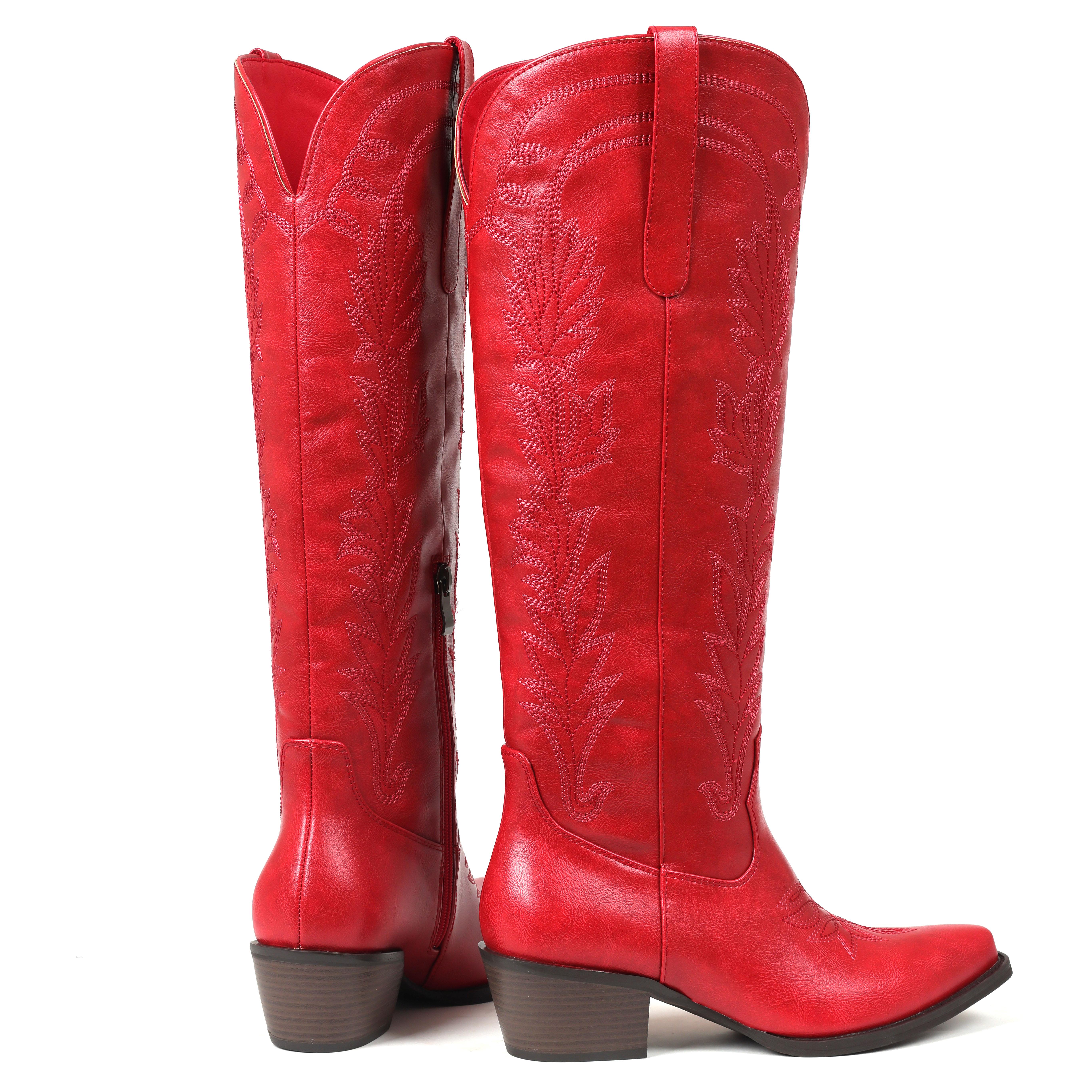 CELNEPHO Women Cowboy Boots Pointed Toe Chunky Block Heel Western Embroidery Knee High Cowgirl Boot Side Zipper Closure Easy Pull on Wedding Gifts Party Outdoor Events Date Dress Shoes