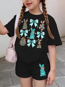 Girls' Summer Fashion Comfortable Easter, Creative Bow Rabbit Print Short Sleeve T-Shirt & Shorts Set, Casual All Seasons Wear