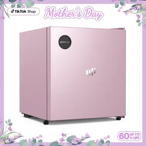 Upstreman mini fridges 1.5 Cu.Ft Sleek Stainless Steel Mini Fridge Energy Star Certified Adjustable Temperature Thermostat Reversible Door Compact pink Refrigerator for Office Bedroom or Dorm CR16 College Outdoor Portable Desktop beverage cooler skincare