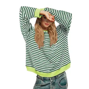Women Striped Oversized Sweatshirt Long Sleeve Crewneck Hoodies Shirts Pullover Top Trendy Clothes With Pockets