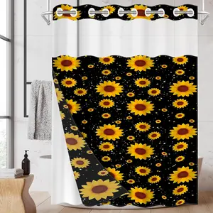1PC 2D Flat Personalized Black Background Glitter Star Sunflower Shower Curtain, Color Block Floral Design, Waterproof Detachable Liner Bathroom Curtain (No Hooks)